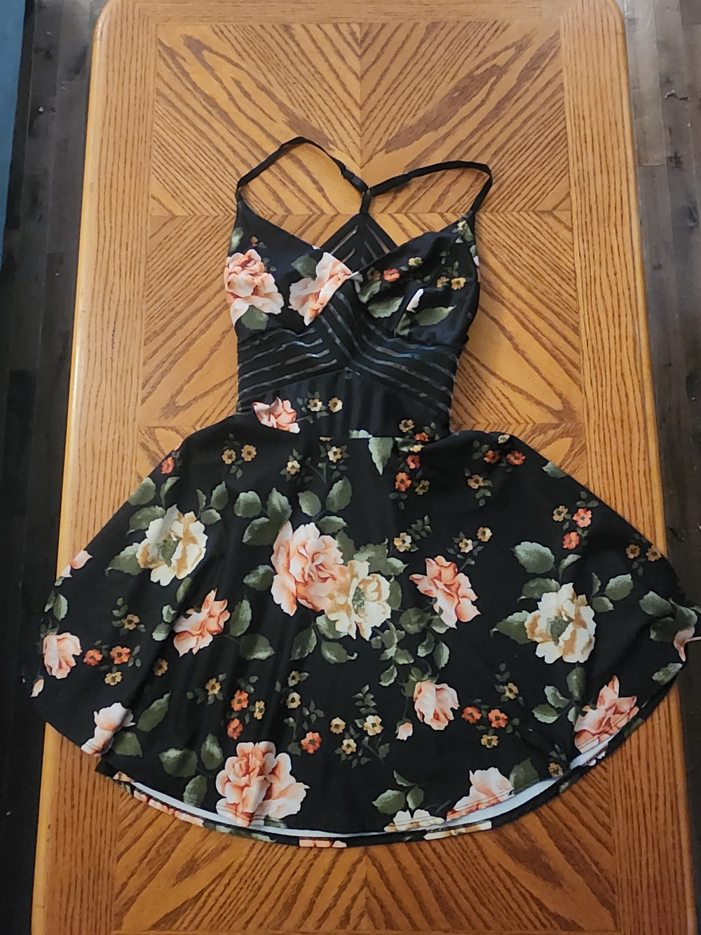 Floral Fit-and-Flare Dress - Black with Peach Roses